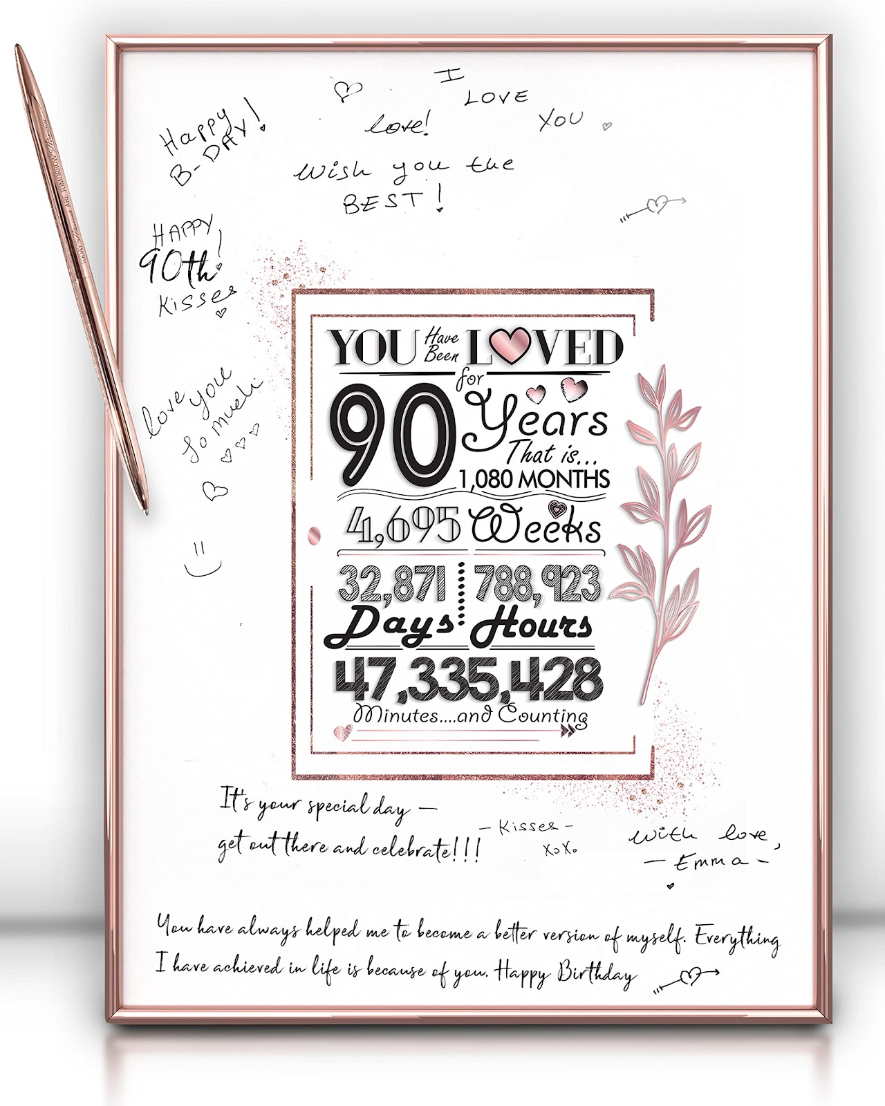 Framed Rose Gold 90th Birthday Decorations Sign Poster