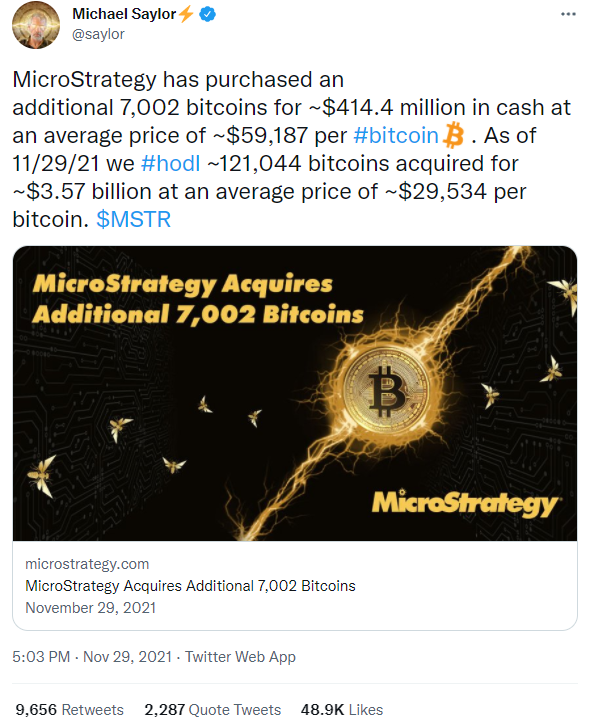 Tweet from Michael Saylor outlining MicroStrategy’s latest purchase and total BTC holdings