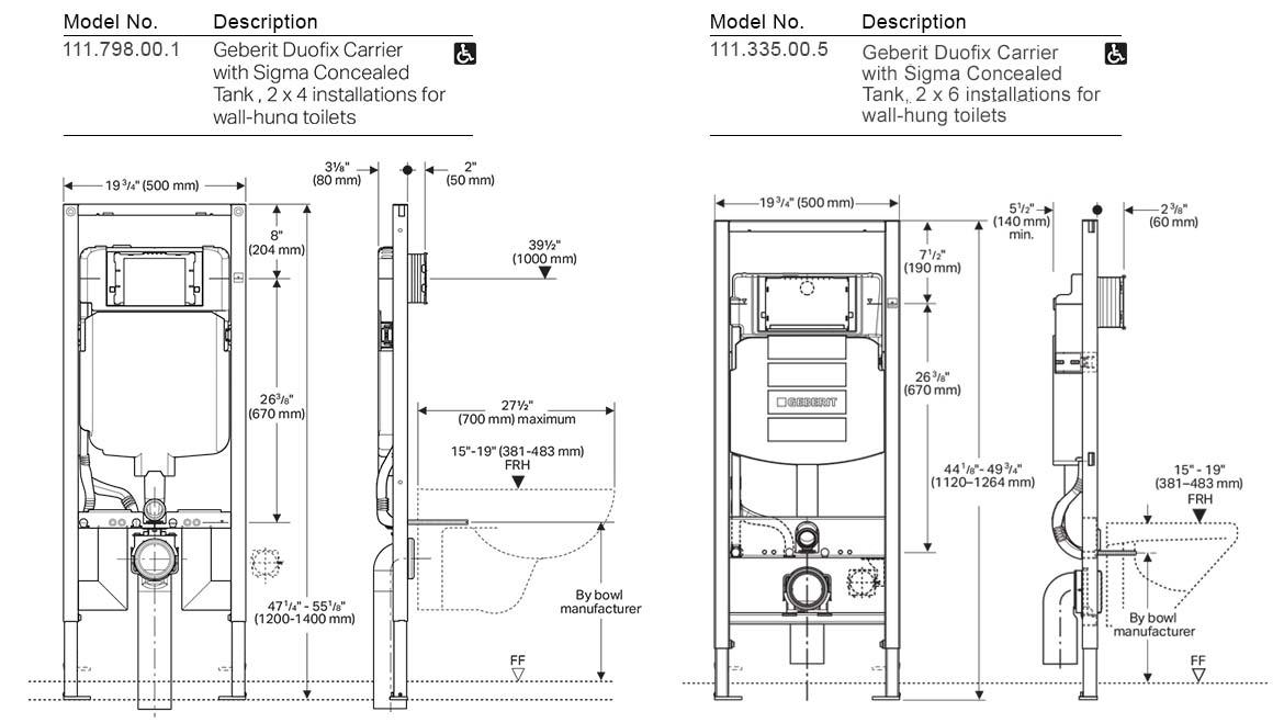 Two diagrams for Geberit Duofix Carrier Wall-Hung Toilets