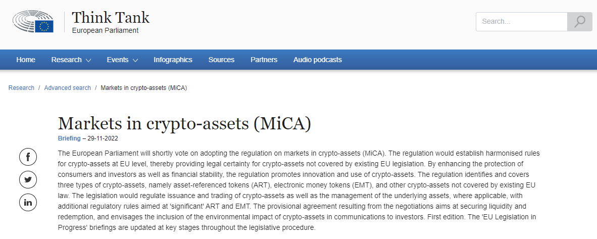 EU Regulatory Framework MiCA Goes Into Effect in 2023