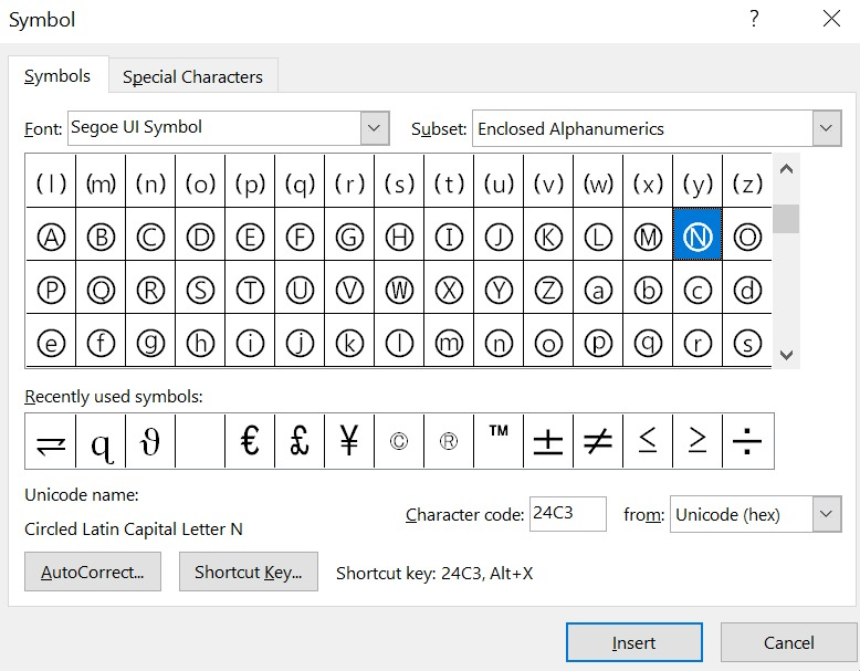 searching for Uppercased Circled N symbols text using the character code