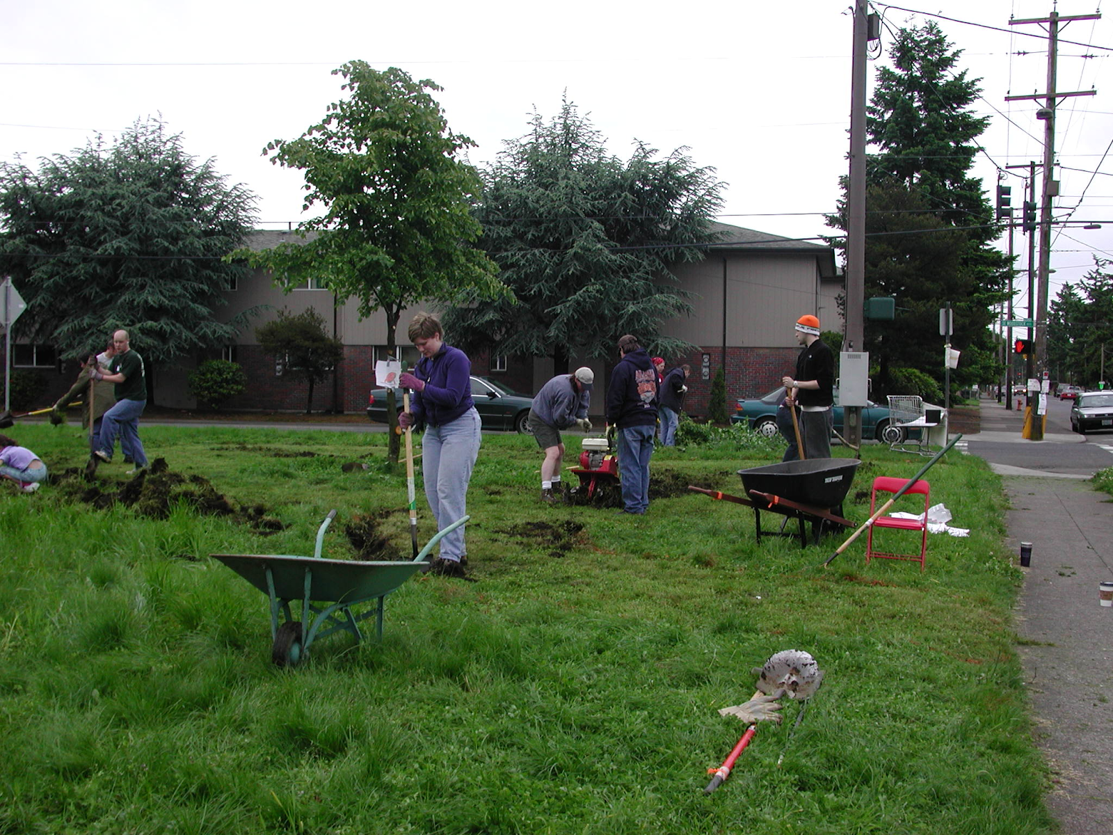 People are shown with shovels, wheelbarrows, and yard equipment in an open field of grass with a linden tree. In the background SE Woodstock Blvd can be seen.