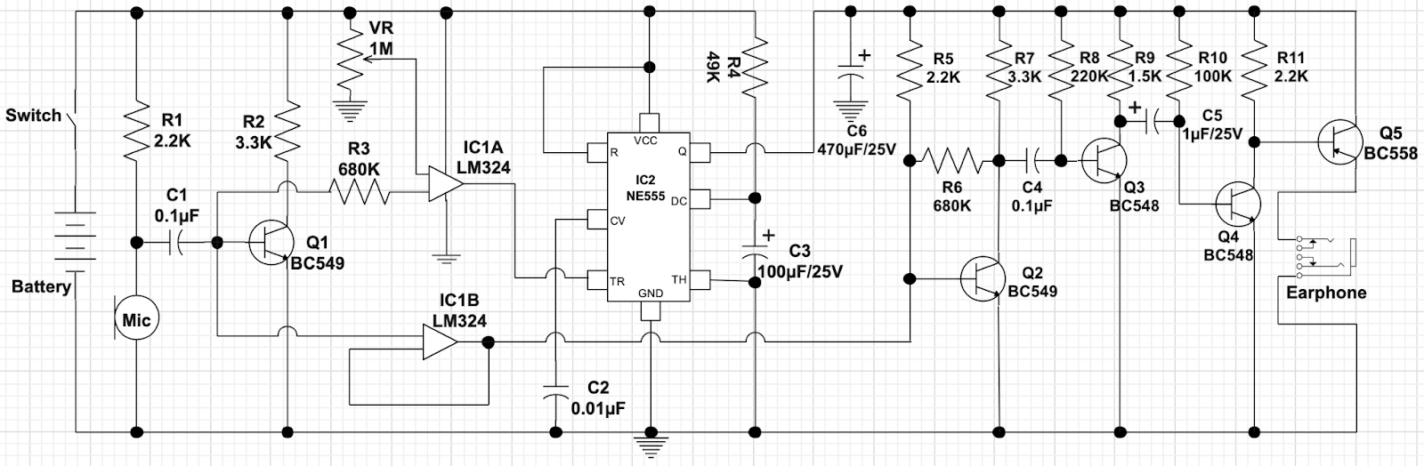 Smart hearing aid circuit diagram with a NE555 IC