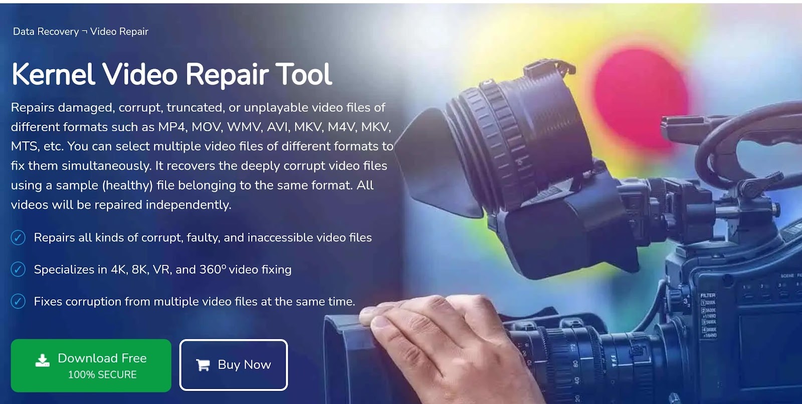 the homepage of Kernel Video Repair Tool