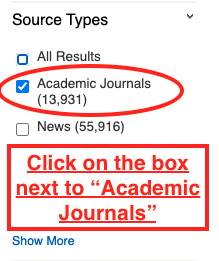 Check the box next to Academic Journals under the Source Types filter on the SuperSearch results page.