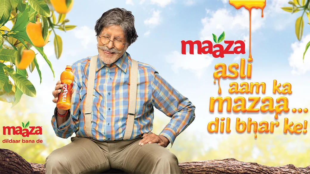 In this image Bollywood superstar, Amitabh Bachchan is advertising a maaza drink based on mango juice.