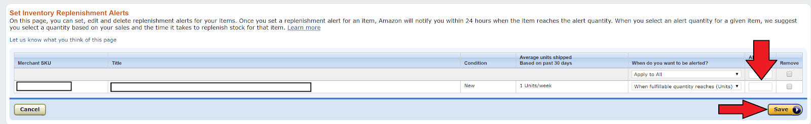 Amazon Wholesale: Replenishment alert quantity