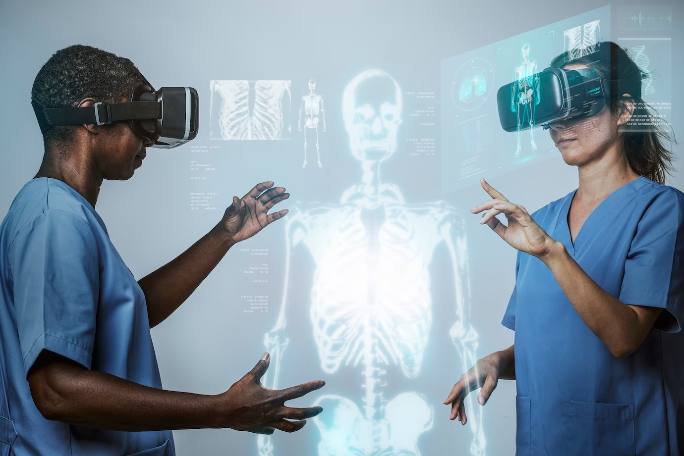 Doctors using VR simulation for medical imaging.