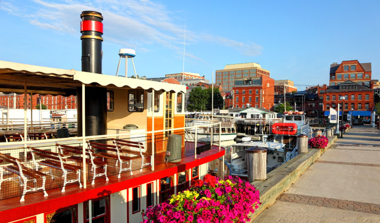 Boats in the water during summer in Portland, Maine