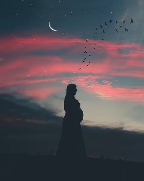 Pregnant Woman Under Cloudy Sky in Silhouette Photography