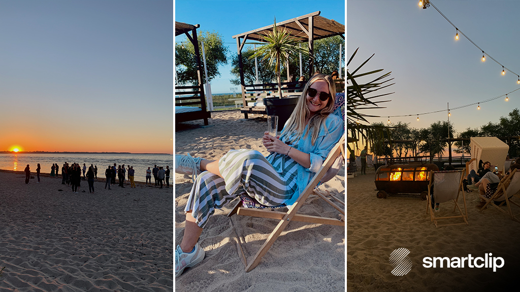 smartclip branded collage of employees enjoying the sunset on the beach, and relaxing in beach chairs at a beach bar.