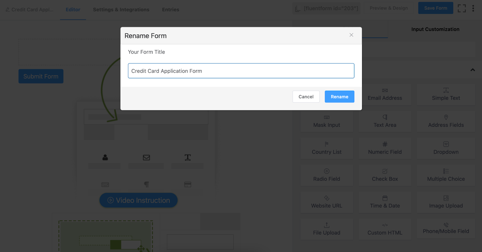Naming contact forms, fluent forms editor, wordpress