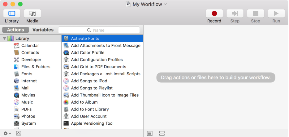 The Automator window showing the Activate Fonts action selected and an empty workflow.