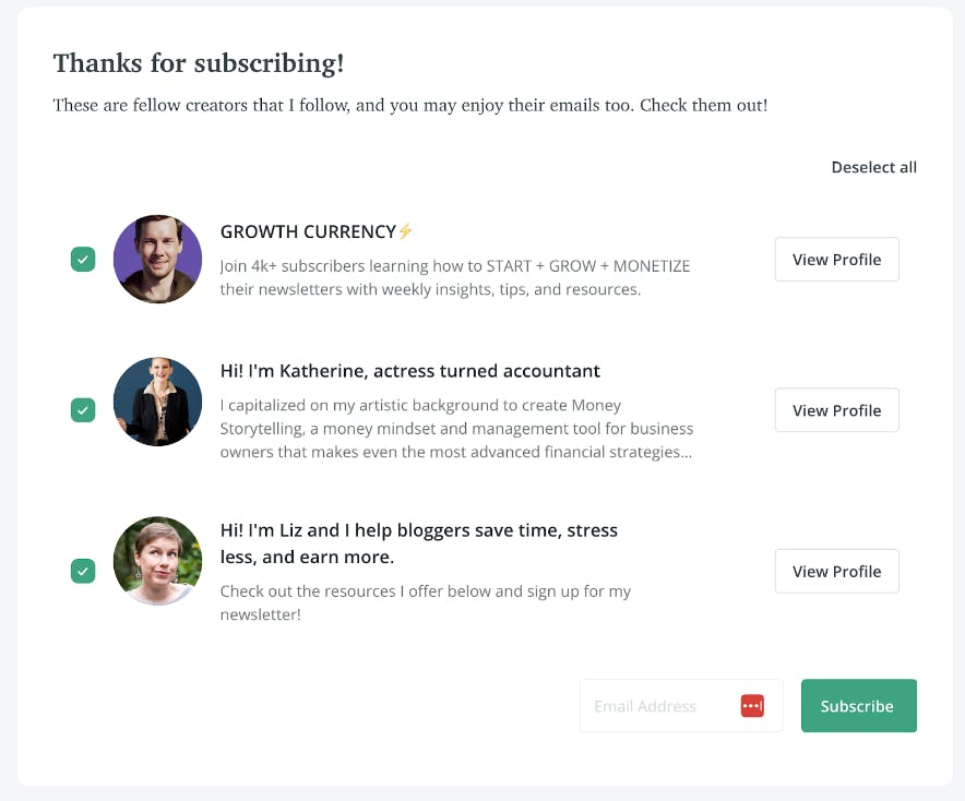 A picture of ConvertKit's Creator Network "Thanks for subscribing!" page, a great tool for email marketing for bloggers