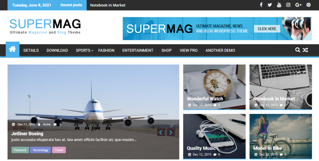 Exemplo de site com o tema SuperMag do WordPress 