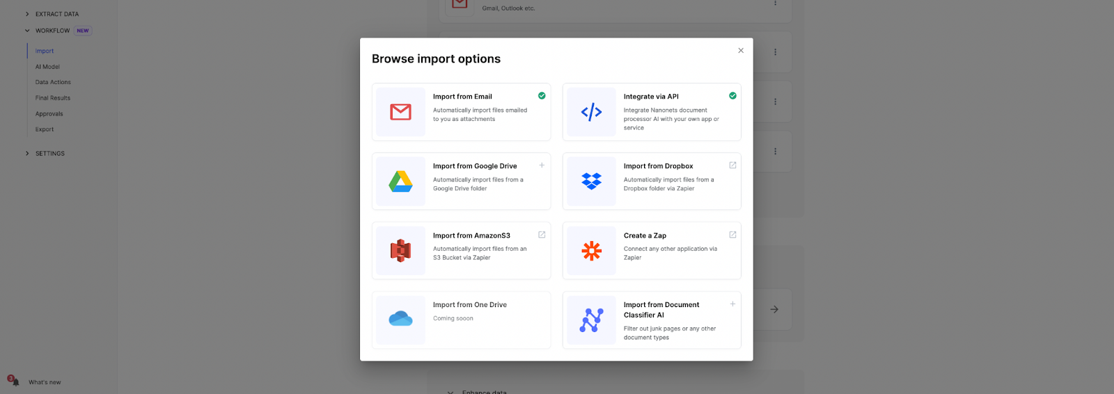 Browse import options: Nanonets interface