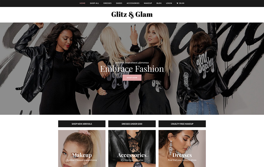 Demonstração total do WordPress de comércio eletrônico Glitz&Glam