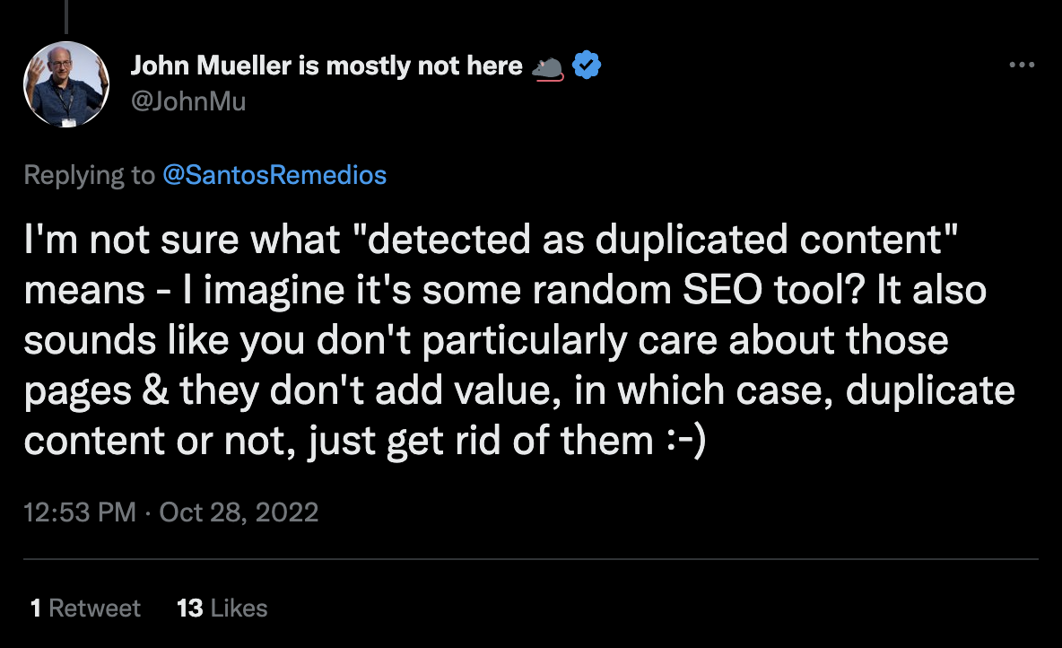 duplicated content tweet john mueller