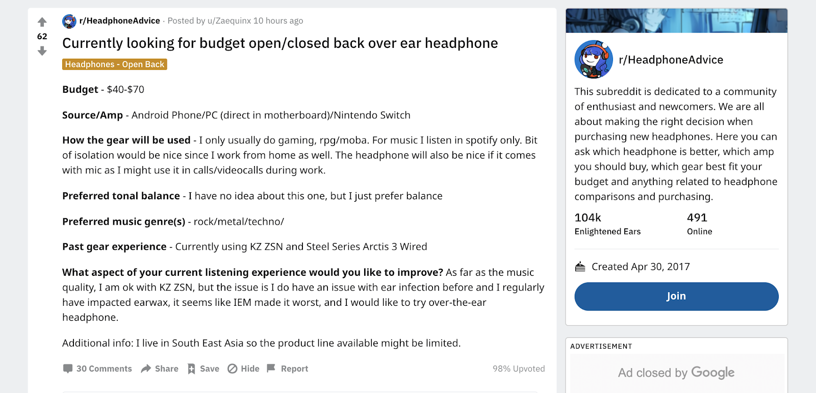 r/HeadphoneAdvice Reddit profile preview.