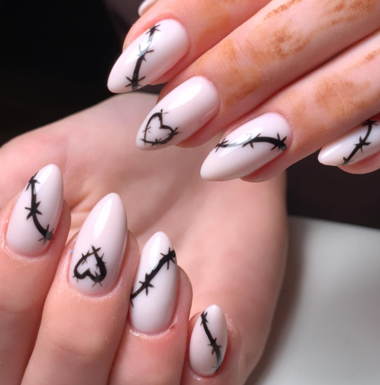 Fenced heart White Nails With Design