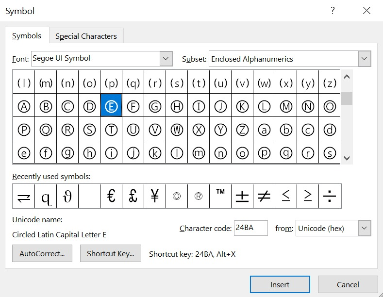 searching for uppercased Circled E symbols using the character code