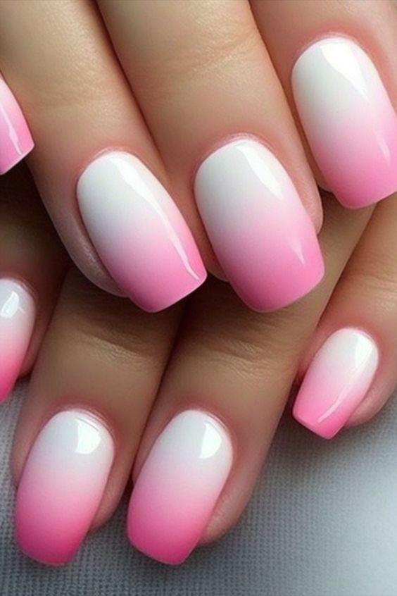 Close view of the ombre pink and white nails
