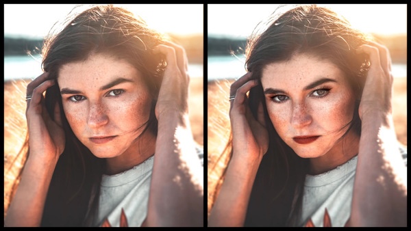 Montagem com 2 fotos da mesma mulher mostrando o antes e depois da edição da maquiagem Sugarplum do AirBrush