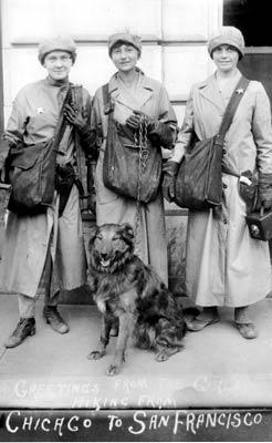 Three hiking women & a dog, about 1910.