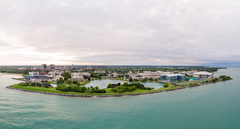 Aerial panoramic view of Northwestern University campus in Evanston, Illinois.