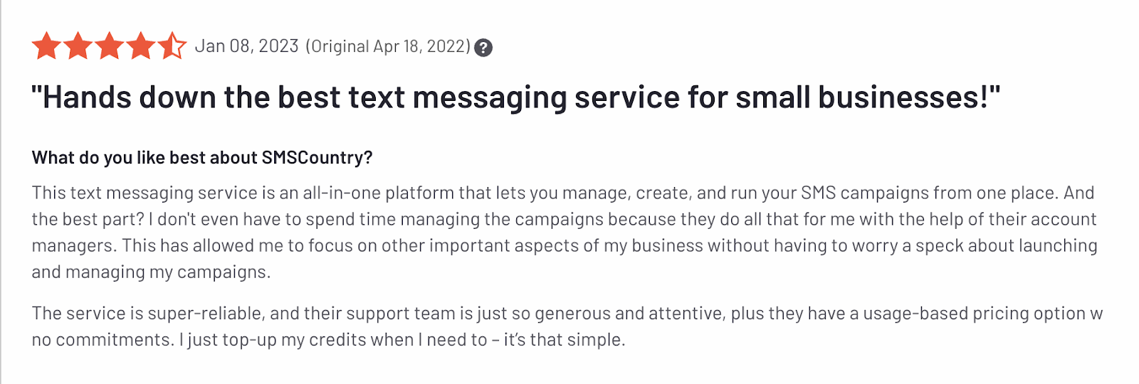 Best SMS API providers| Recent testimonial from a happy SMSCountry customer about reliable service