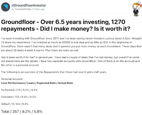 Groundfloor review from a user who lays out their investments over the past several years, including loans, performance, expected rates of return, and actual rates of return.