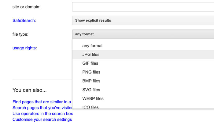 ตัวกรองประเภทไฟล์ในการค้นหารูปภาพขั้นสูงของ Google