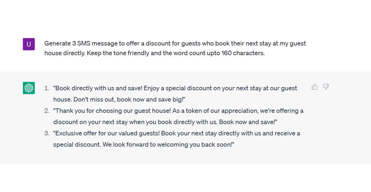 chatgpt prompt and response to generate sms to offer a discount to book directly