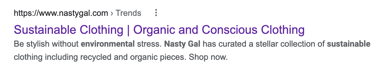 Google search results screenshot for Nasty Gal's sustainable clothing