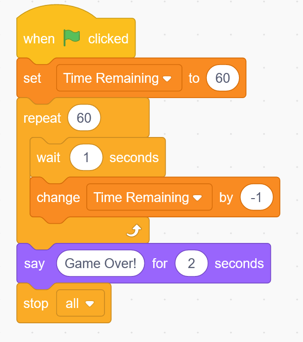 the coding block script to create a timer in Scratch