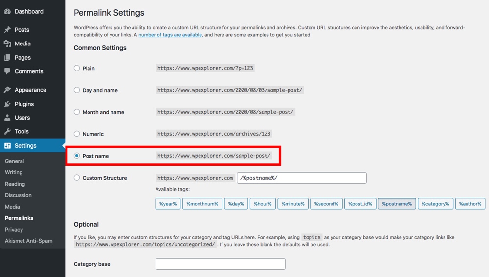 Configurações de links permanentes do WordPress