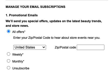 Ví dụ về trung tâm tùy chọn email Sephora