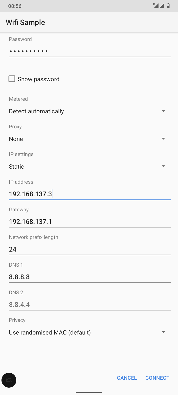 Connect Wifi via static IP on an Android phone