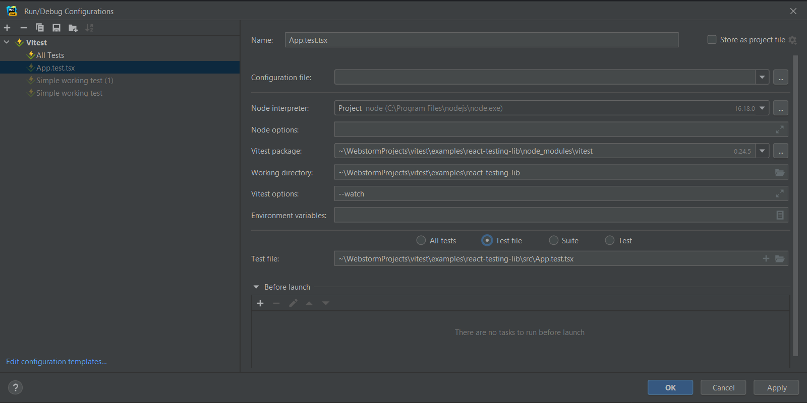 Setting up a Vitest run/debug configuration