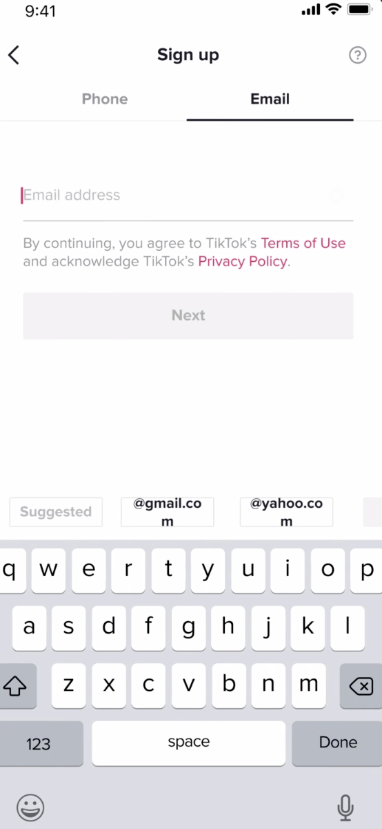 entering your email address when signing up for TikTok