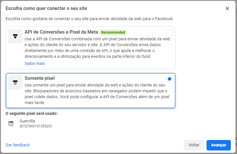 criando pixel do facebook