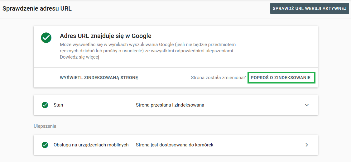 Google Search Console Sprawdzanie adresu URL