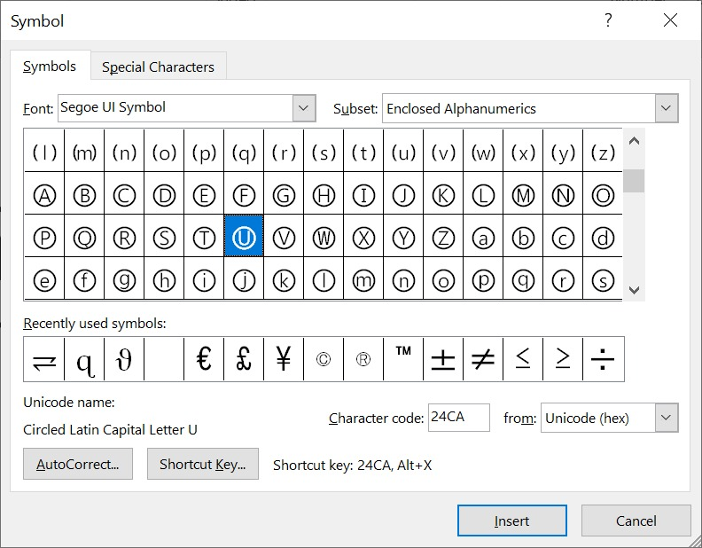 searching for Uppercased Circled U symbols text using the character code