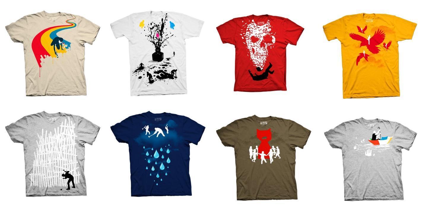 A group of t-shirts with different designs Description automatically generated
