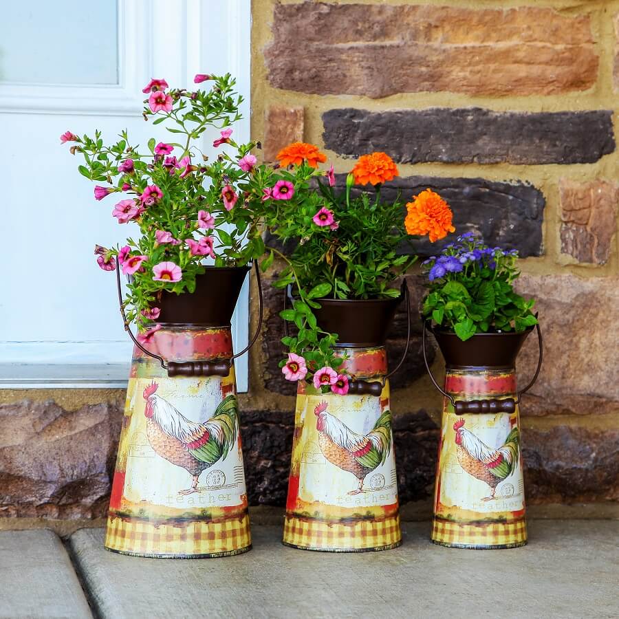 Rustic Decorated Metal Pitcher Planters
