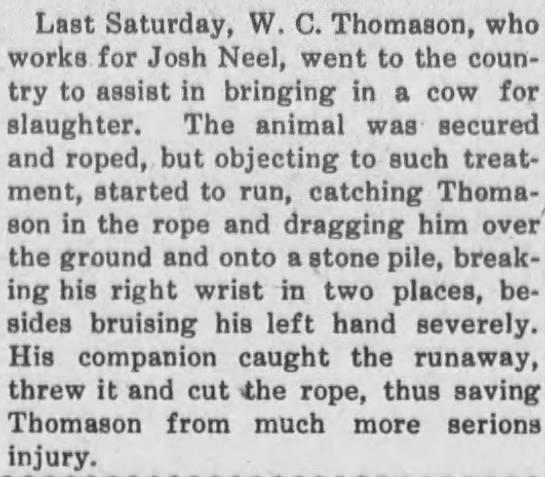Injury to W.C. Thomason (right wrist) by cow, 21 Apr 1917 (Ness County News) - Last Saturday, W. C. Thomason, who works for...