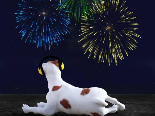 3D rendering of dog wearing hearing protection looking at fireworks. 3D rendering of a dog wearing hearing protection over its ears to reduce noise and looking at fireworks. dogs and fireworks stock pictures, royalty-free photos & images
