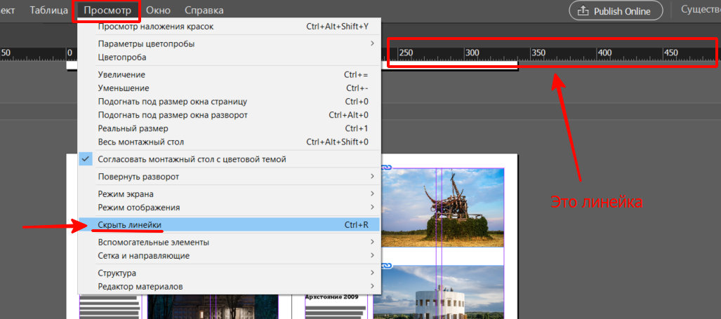 раздел просмотр в Adobe InDesign