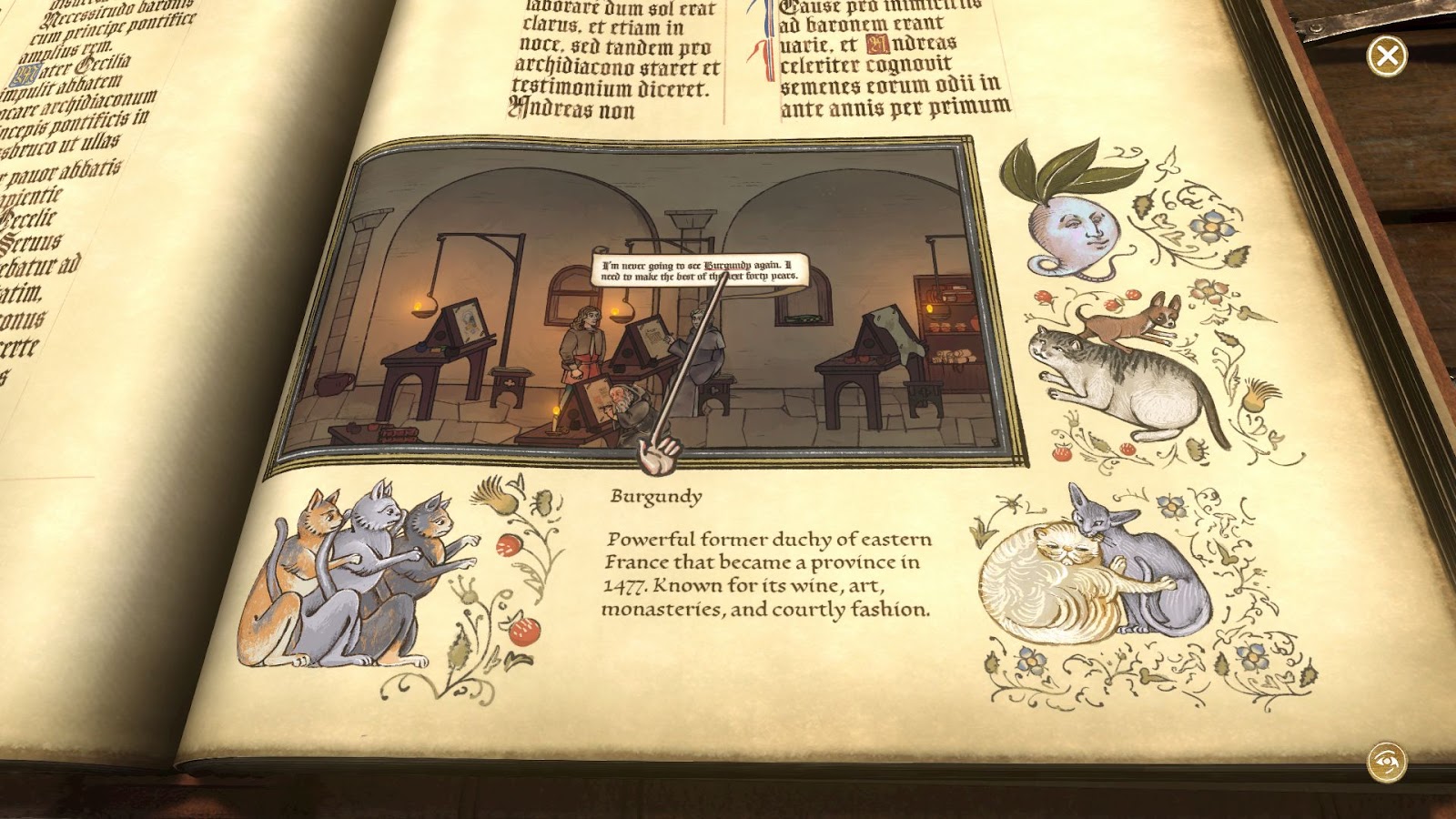 A screenshot of a moment in the game, showing the main action of the game as a smaller illumination within a large illuminated manuscript with decorated margins, and a long-fingered manicule pointing to a speech bubble. Information about Burgundy is recorded at the end of the manicule.