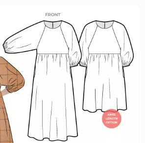 Line drawing of a raglan dress with long sleeves gathered at the wrist.  Skirt is also gathered and extends to tunic or midi length. 